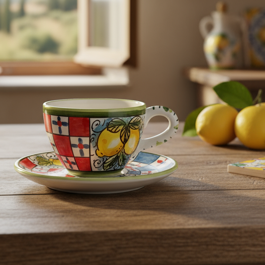 tazza decorata in maiolica