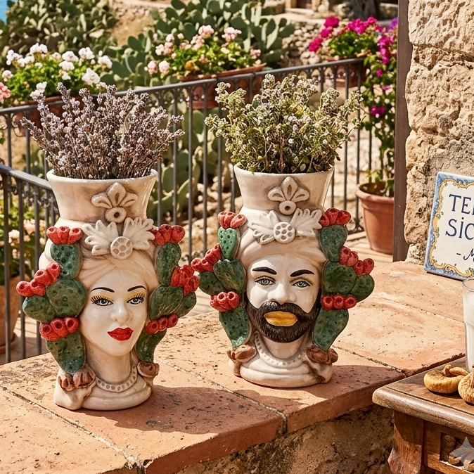 teste in maiolica con frutta