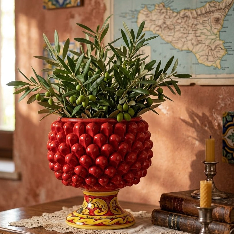 vaso pigna rosso con base decorata in ceramica di caltagirone
