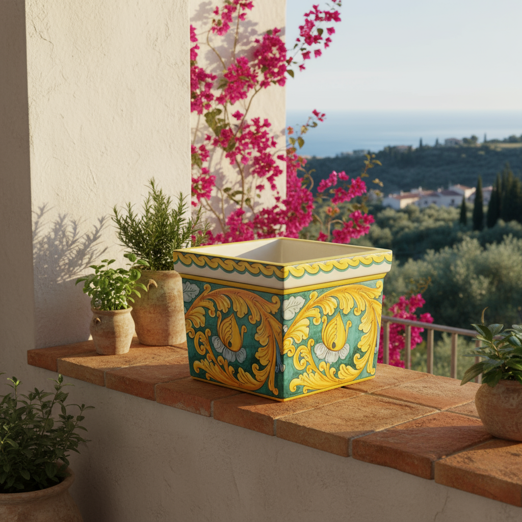 sicilian plant pots Square Decorated Planter 30cm in Sicilian Ceramic from Santo Stefano di Camastra