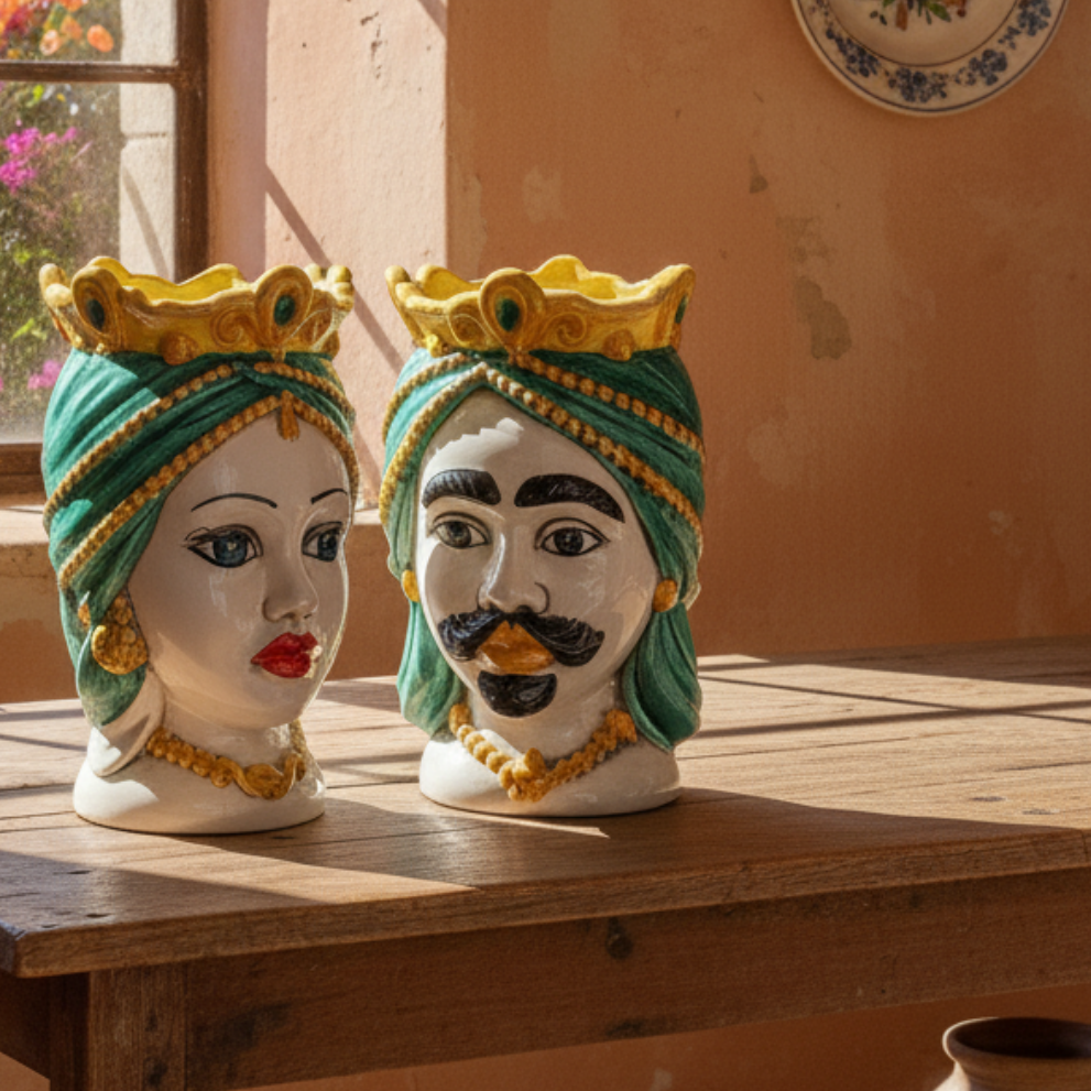 coppia di teste di moro in ceramica di caltagirone